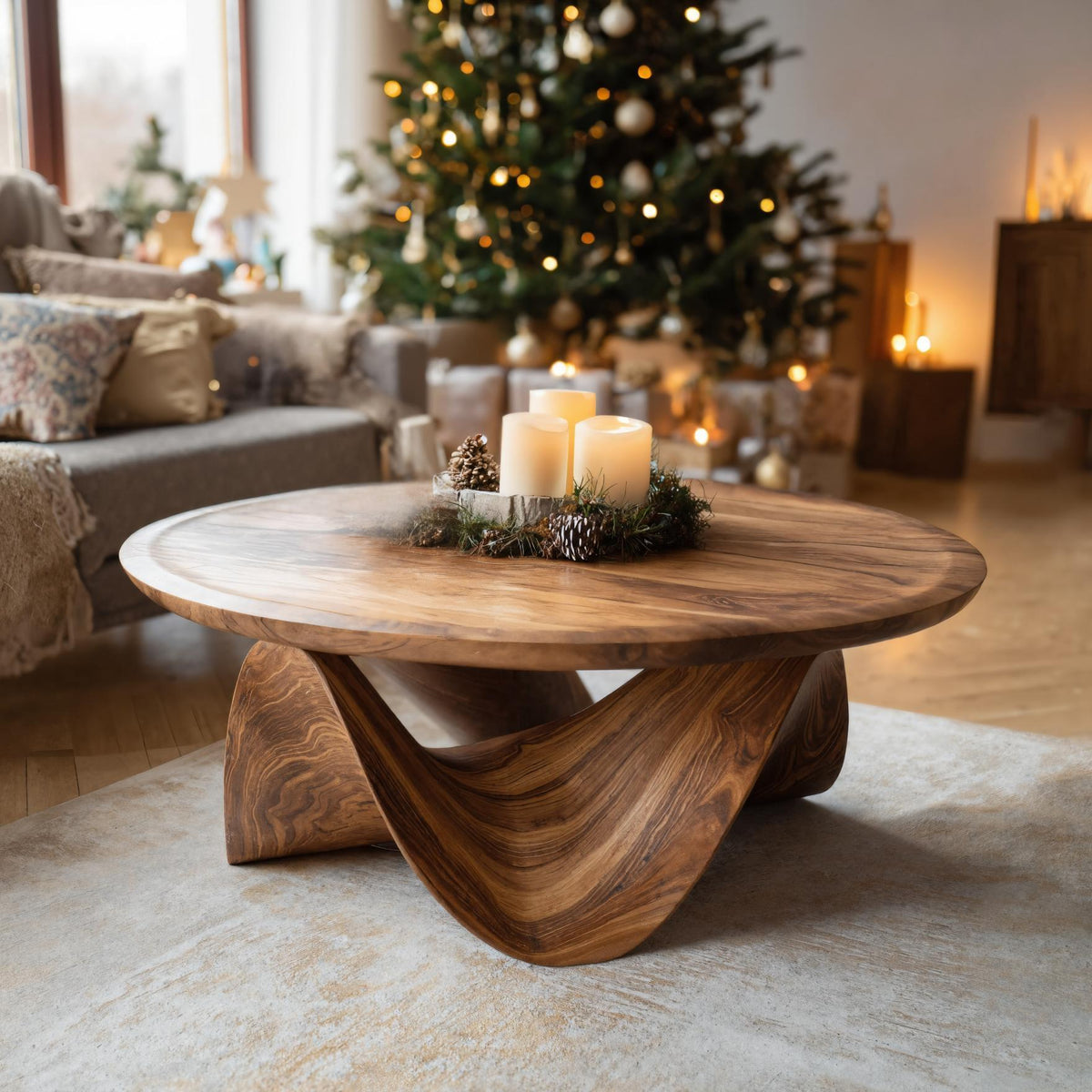 Round Coffee Table, Sculptural Solid Wood Low Table for Living Room