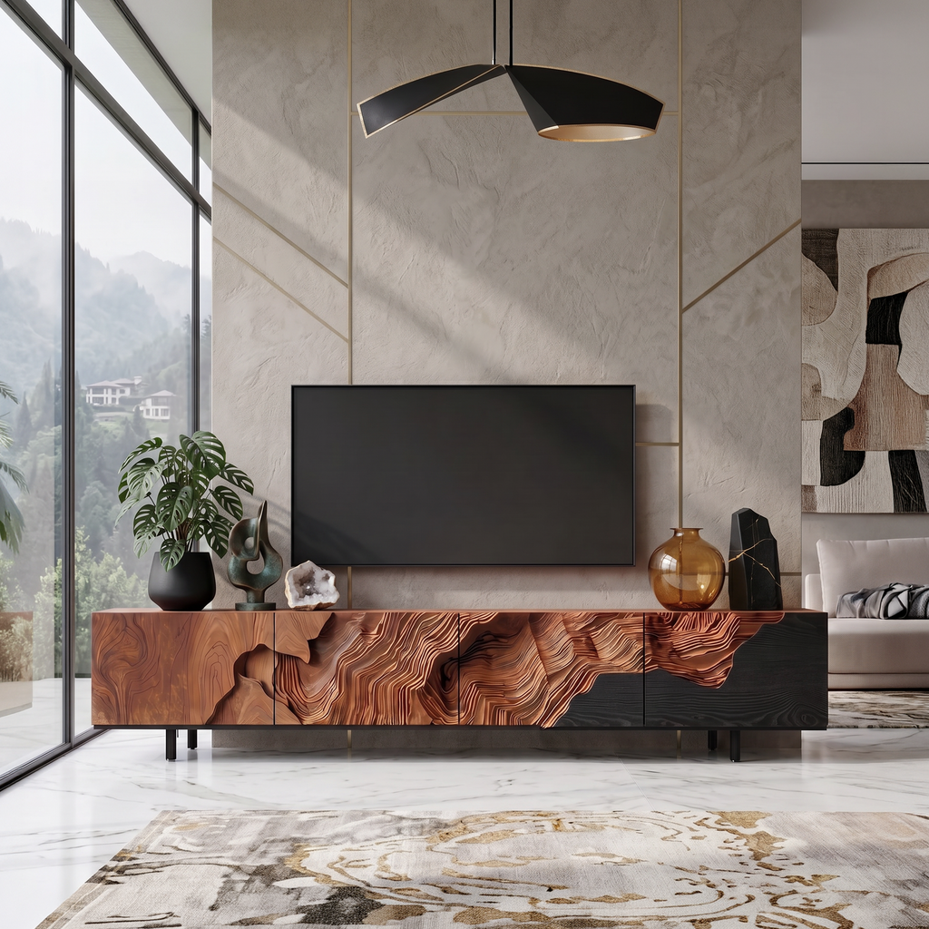 Rustic TV Stand, Solid Wood Media Console with Open Shelving