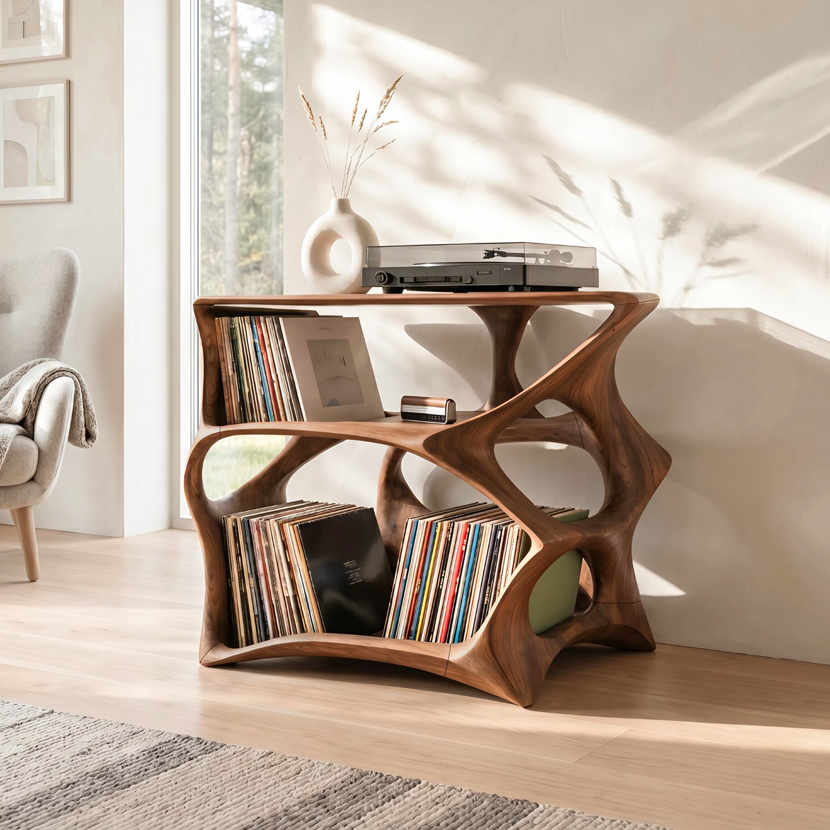 Record Player Stand, Farmhouse Solid Wood Vinyl Storage Console