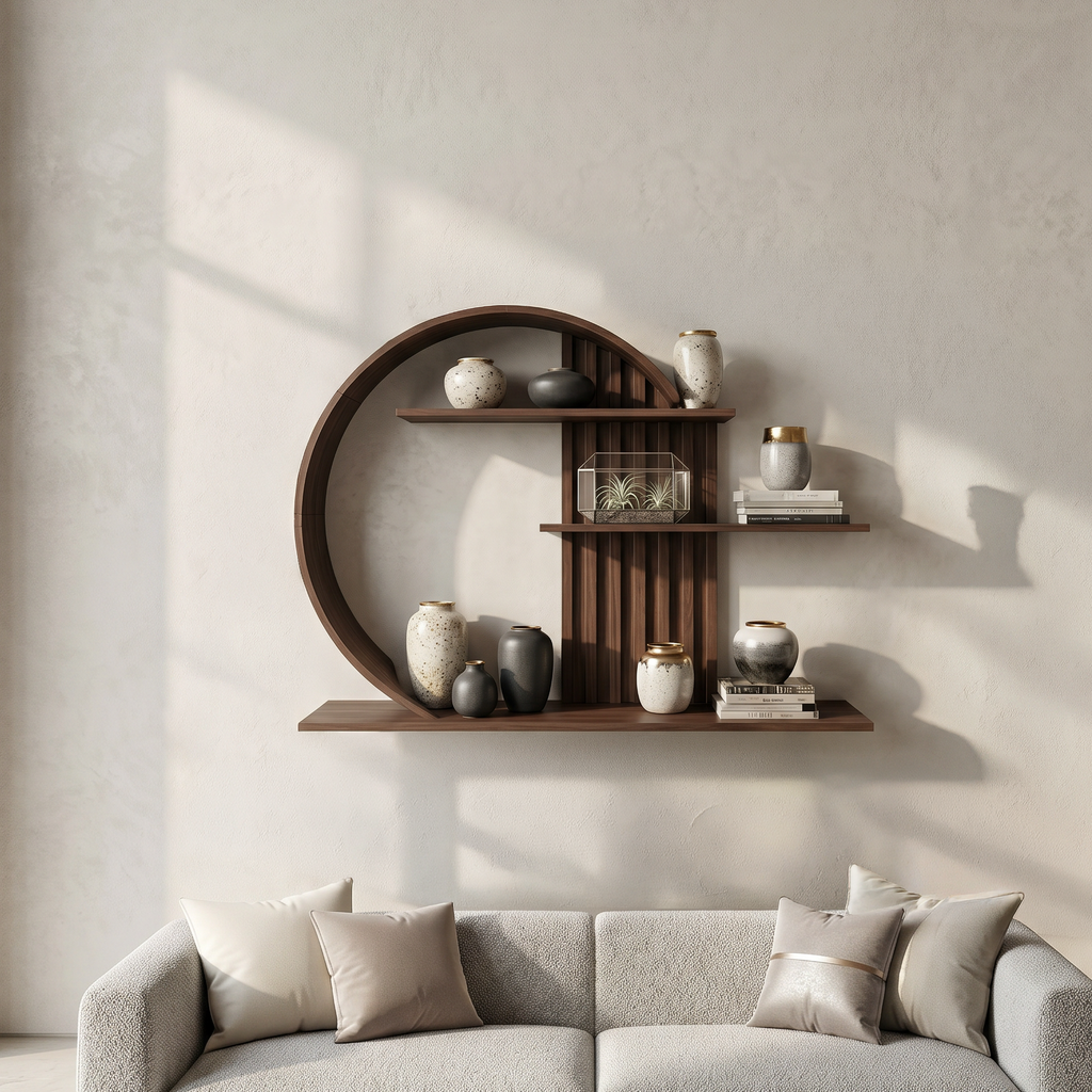 Modern Zen Wall Shelf Circular Slatted Wood Wall Decor