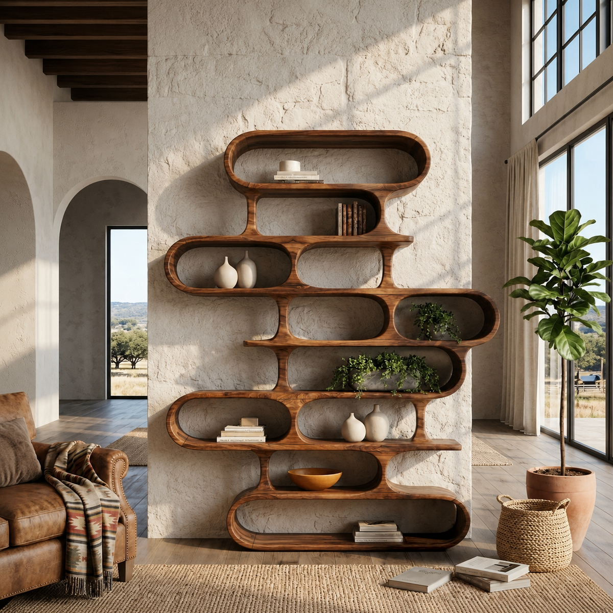 Sculptural Wood Bookshelf, Curved Organic Bookcase for Living Room