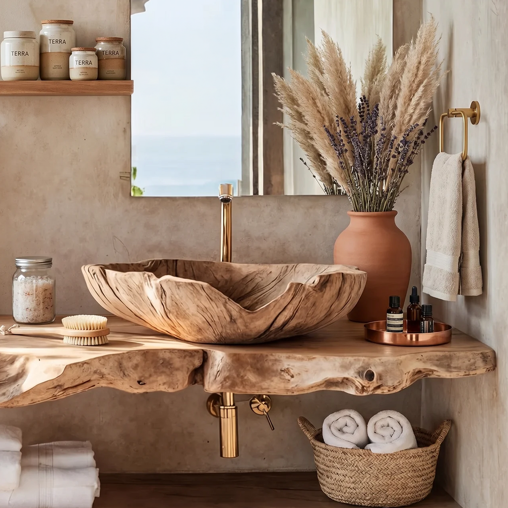 Wooden Vessel Sink, Farmhouse Hand Carved Solid Wood Bathroom Basin