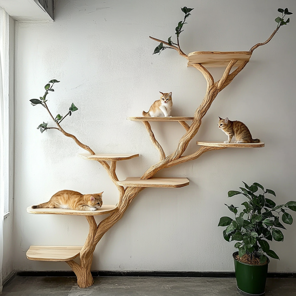 Wooden Cat Tree Tower, Natural Branch Design for Living Rooms