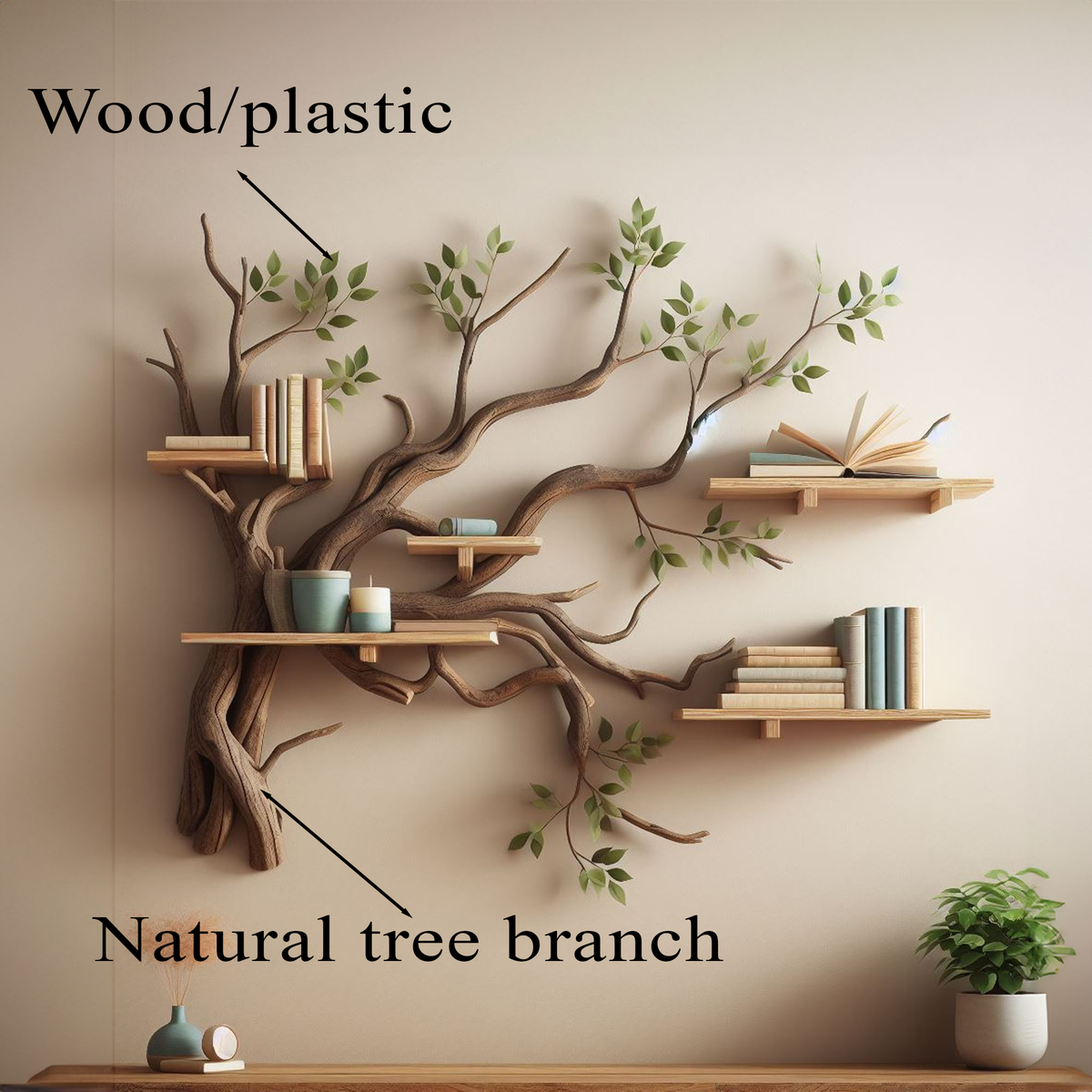 Tree Branch Bookshelf, Wild Mulberry Wood Wall Bookcase with Leaves