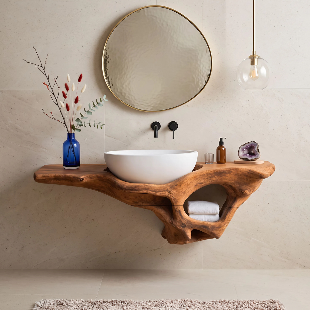 Mid Century Live Edge Vanity, Floating Wood Bathroom Sink Shelf