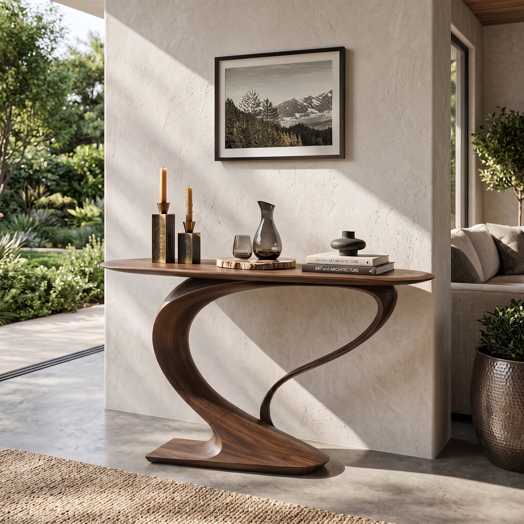 Curved Console Table, Contemporary Sculptural Solid Wood Design