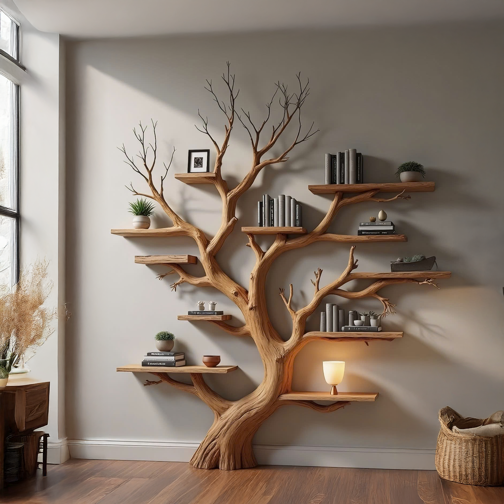Tree Bookshelf, Wall Mounted Wood Branch Shelf for Living Rooms