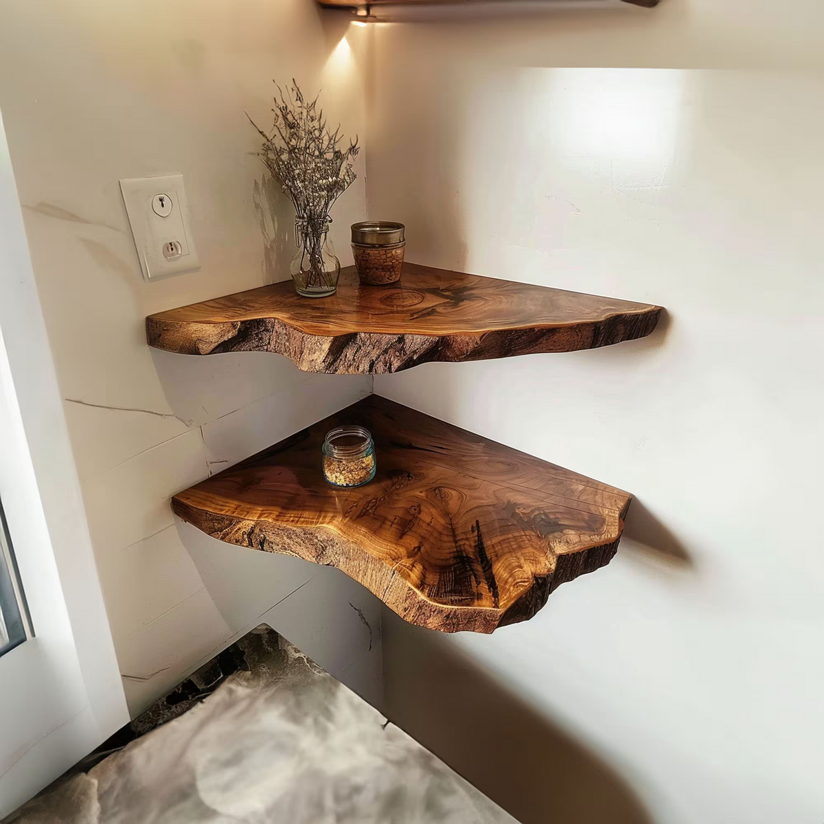 Floating Corner Shelf Dark Brown Wood Wall Shelf for Small Spaces