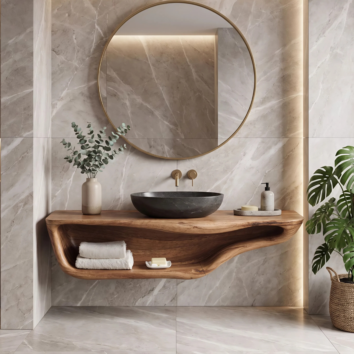 Live Edge Bathroom Vanity, Handcrafted Floating Solid Wood Sink Shelf