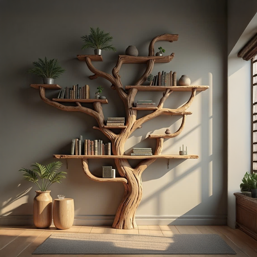 Corner Tree Branch Bookshelf, Wall Mounted Wood Bookcase