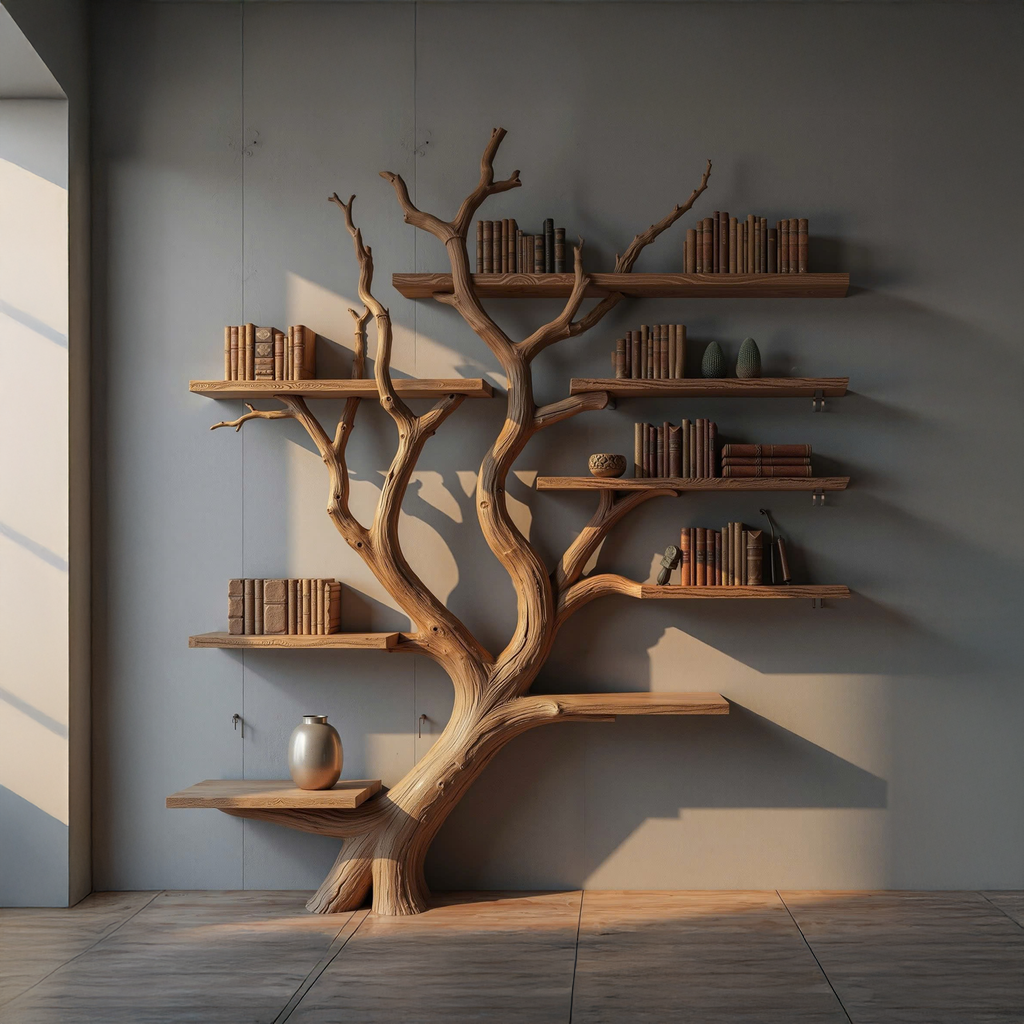 Tree Branch Bookshelf, Wall Mounted Floating Shelf with Real Branches