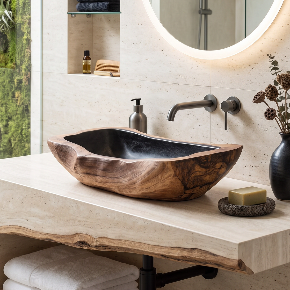 Wooden Vessel Sink, Farmhouse Rustic Hand-Carved Bathroom Basin