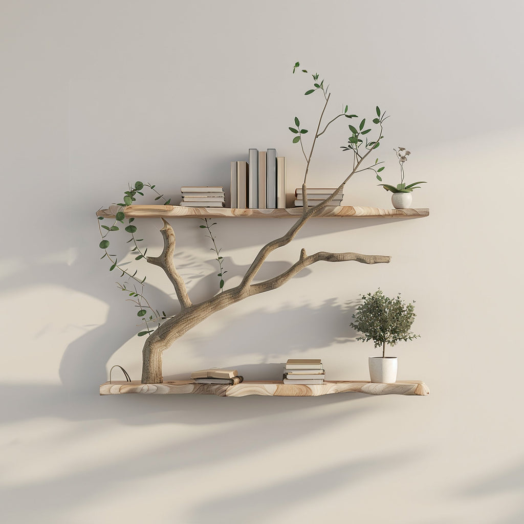 Tree Branch Corner Bookshelf, Driftwood Style Floating Reading Shelf