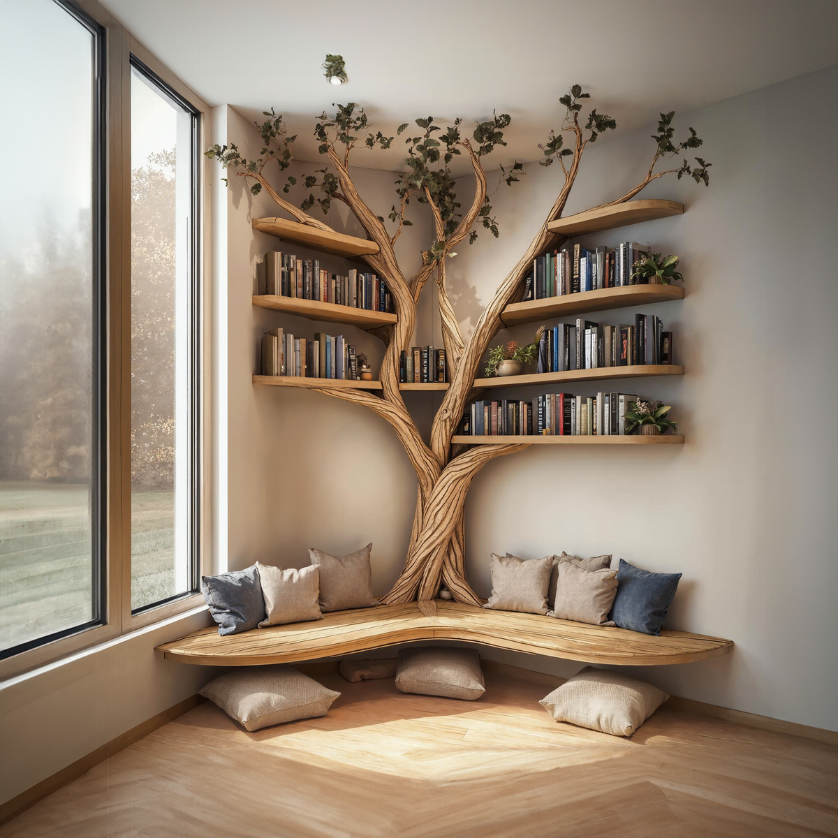 Corner Bench with Tree Bookshelf, L-Shaped Reading Nook Seating