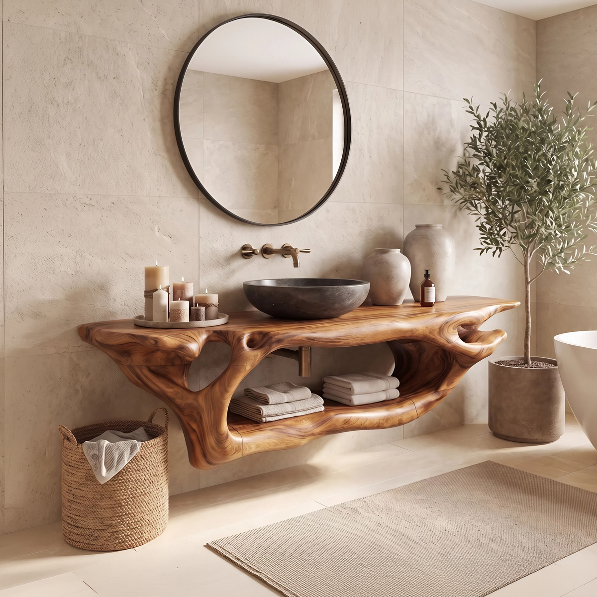 Rustic Bathroom Vanity, Live Edge Solid Wood Floating Sink Shelf