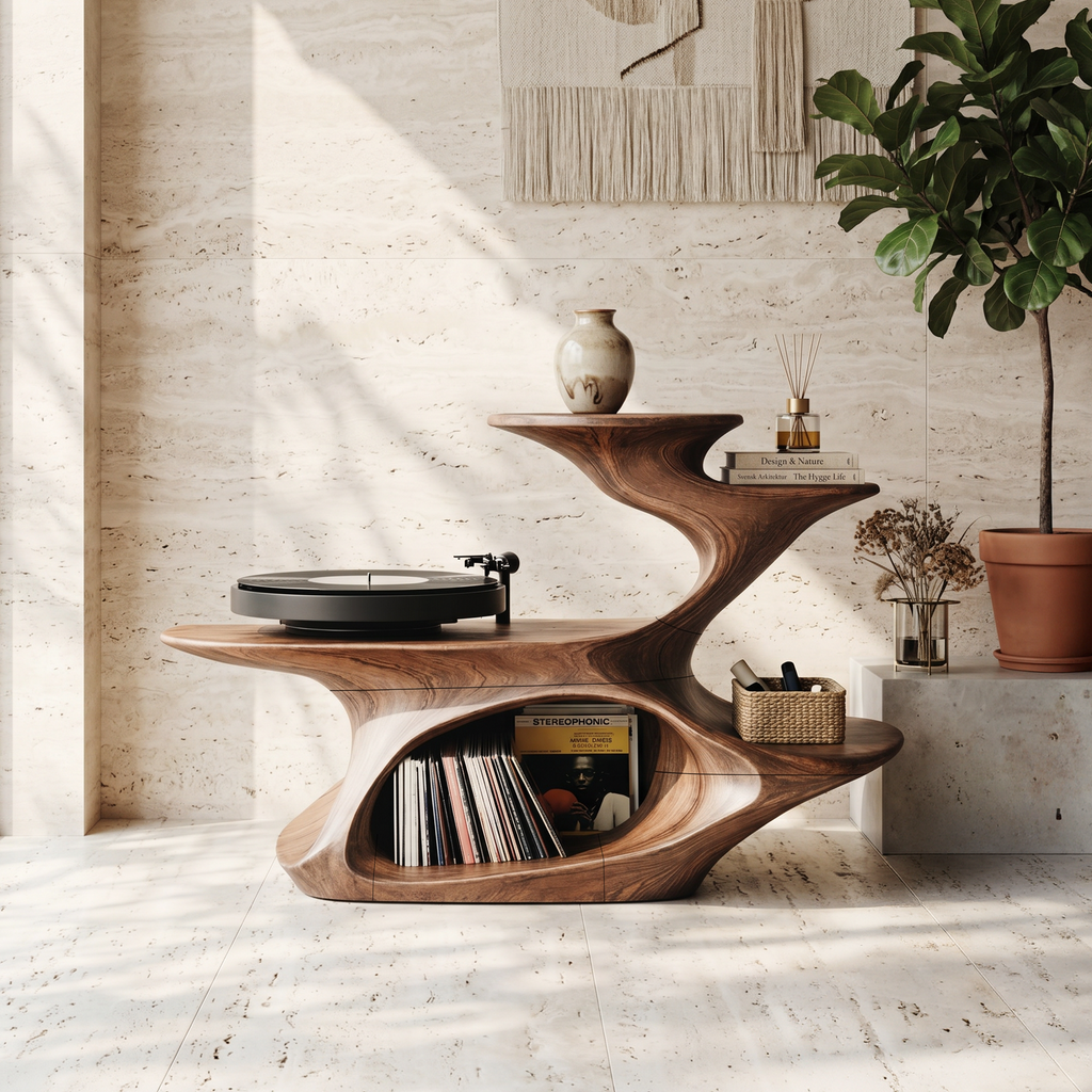 Live Edge Record Player Stand, Handcrafted Wood Vinyl Console