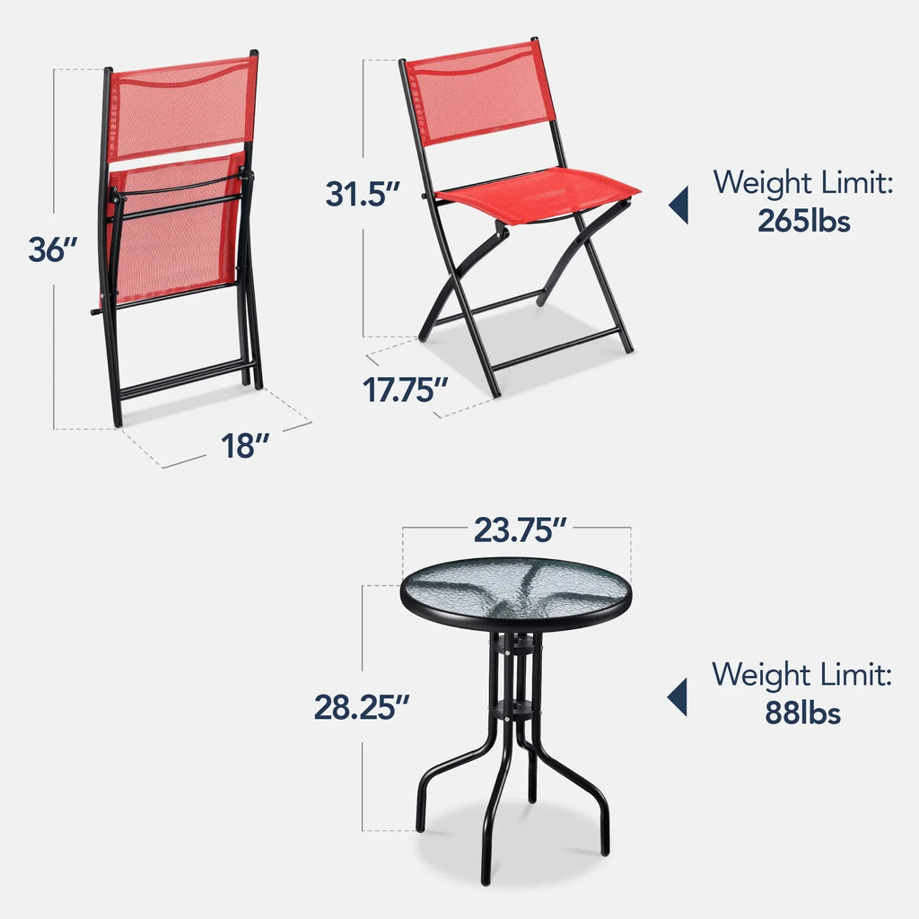 Best Choice Products 3-Piece Patio Bistro Dining Set With Glass Tabletop And Folding Chairs - Gray