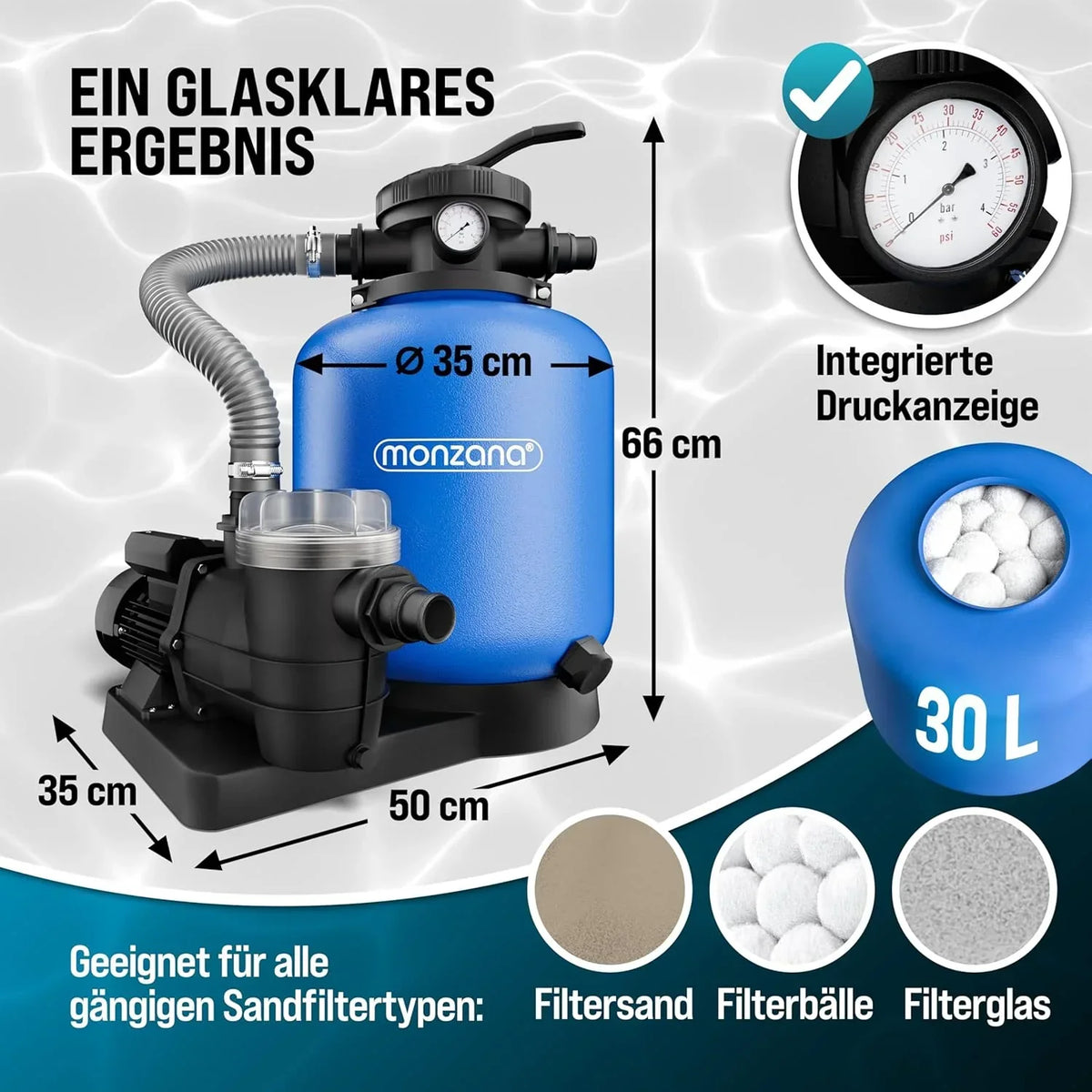 MONZANA Pool Sand Filter System 13.200L/h, 58.000L Pool, 600W, 30L Tank, 32-38mm Adapter - SF110K