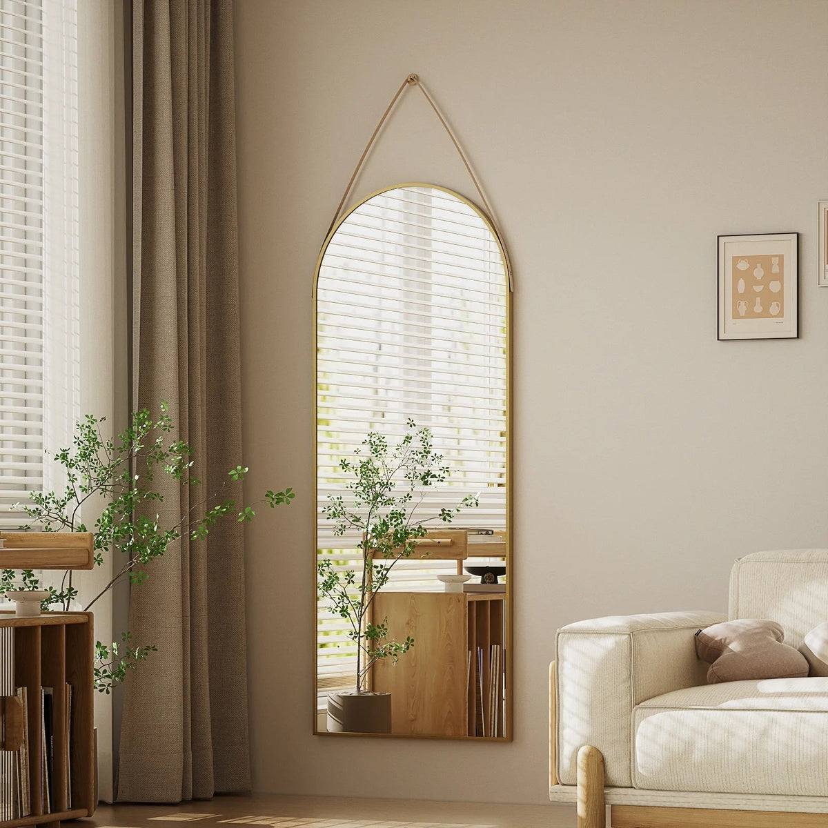 Full Length Wall Mirror, 48 x 16 Inch, Black, Leather Strap