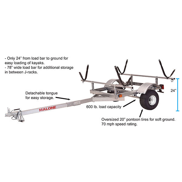 Malone Kayak Trailer Package, 600 lb Capacity, Galvanized Steel, LED Lights, 70 MPH Tires - LowMax 2
