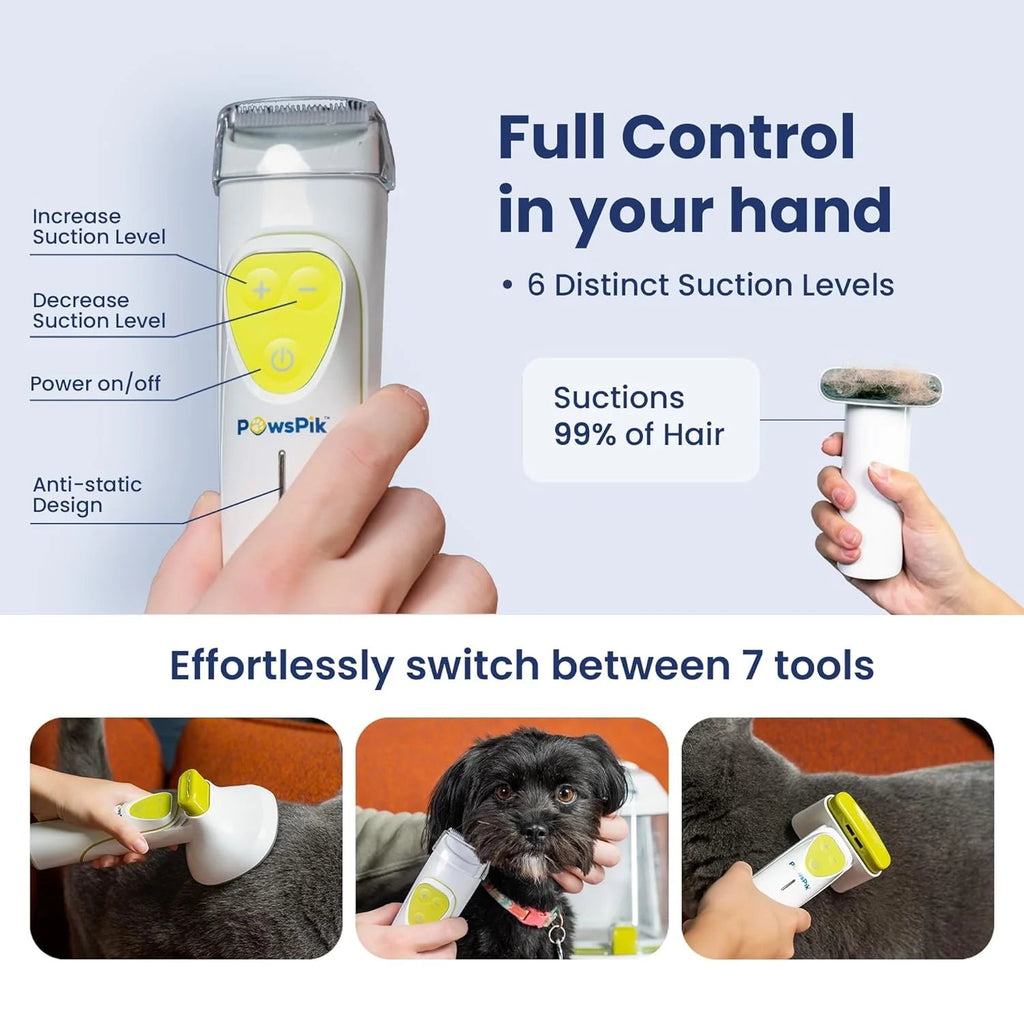 PAWSPIK Pet Grooming Vacuum Kit, 7 Tools, 6 Suction Levels, 2.2L Dust Bin - GroomingPro Rx