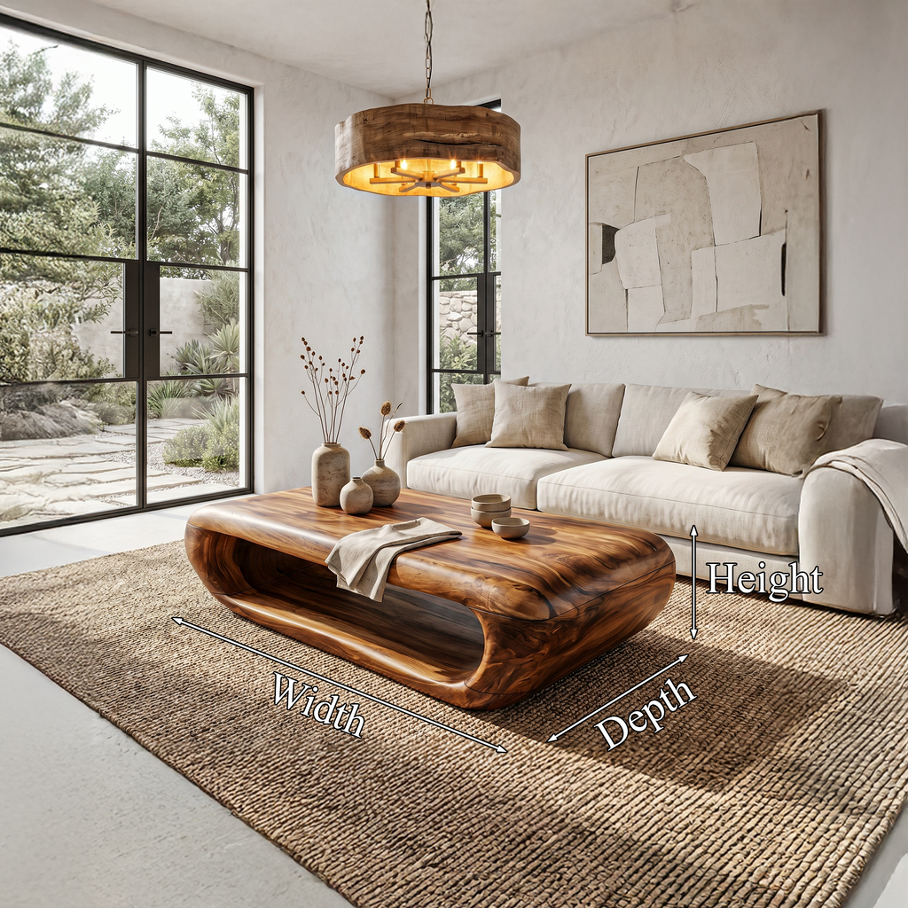 Organic Coffee Table with Open Storage, Solid Wood Living Room Table