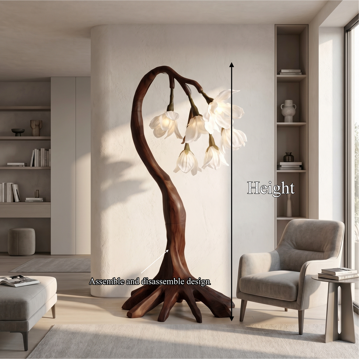 Flower Petal Floor Lamp, Sculptural Solid Wood Base Botanical Lighting