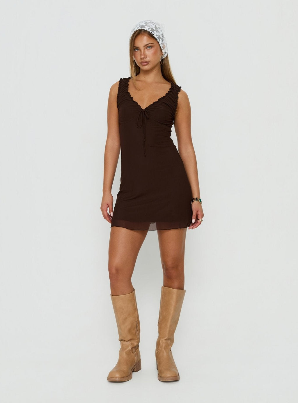 V Neck Mini Dress Chocolate