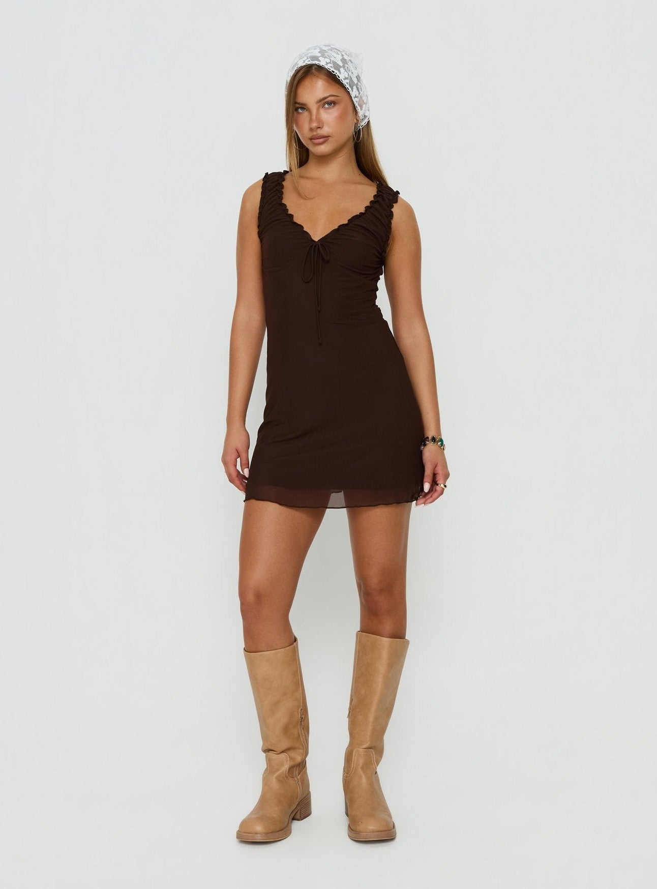 V Neck Mini Dress Chocolate