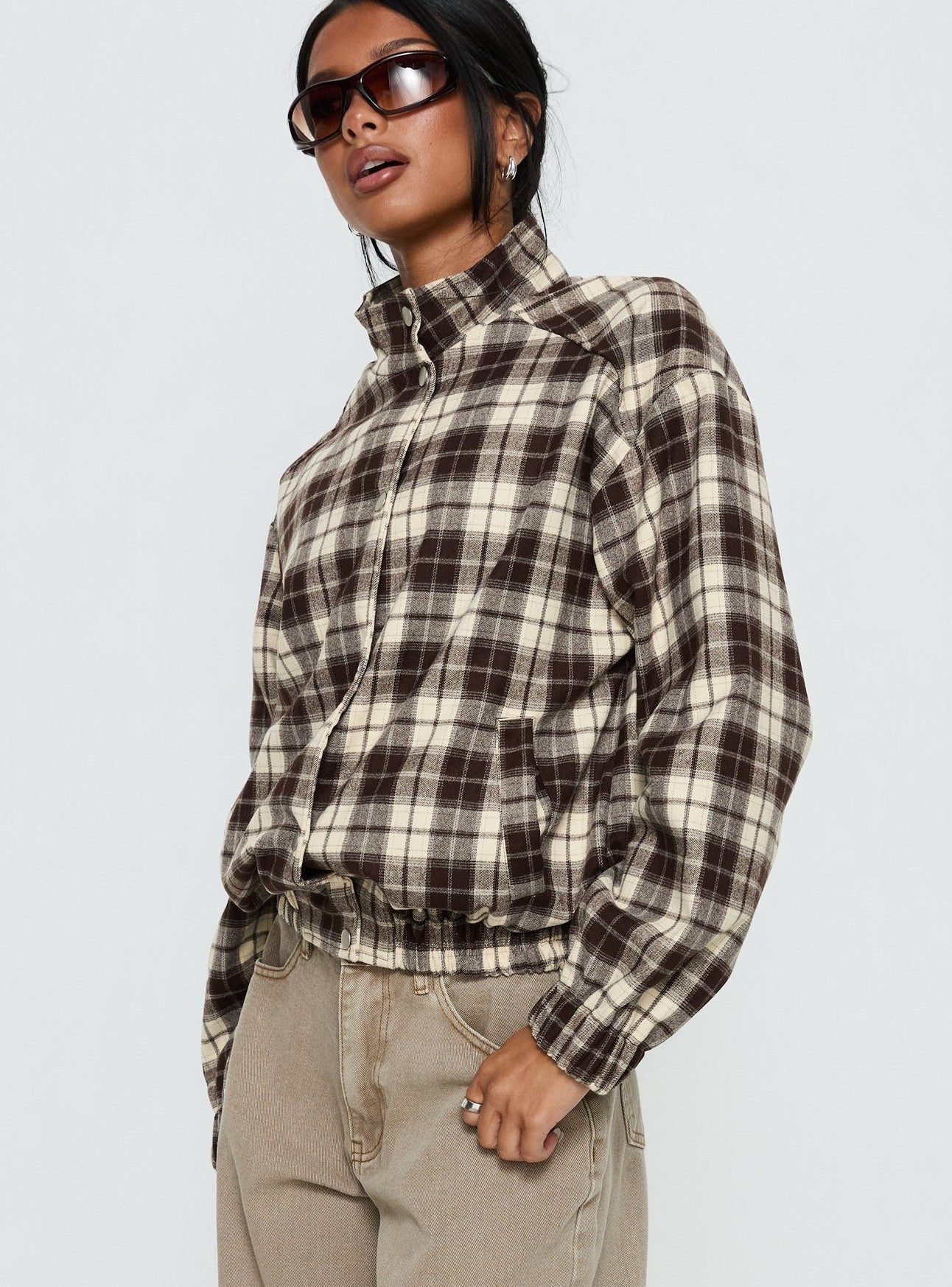 Funnel Neck Button Down Jacket Brown Check