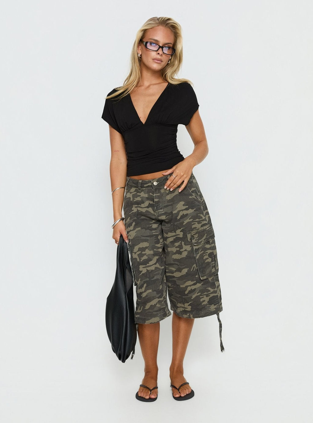 Cinched V Neck Top Black