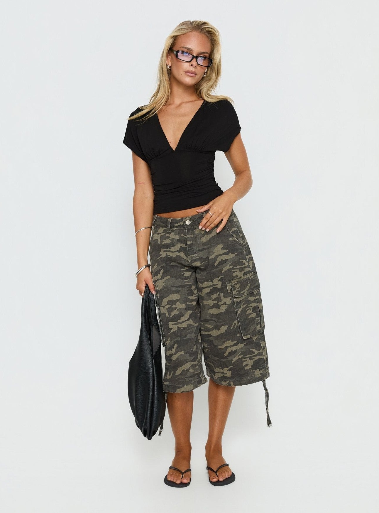 Cinched V Neck Top Black