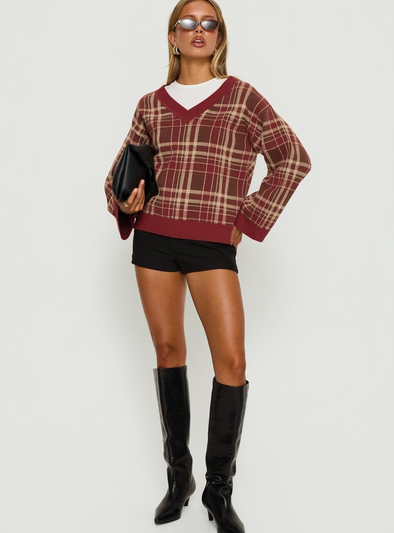 V Neck Knit Sweater Red Plaid