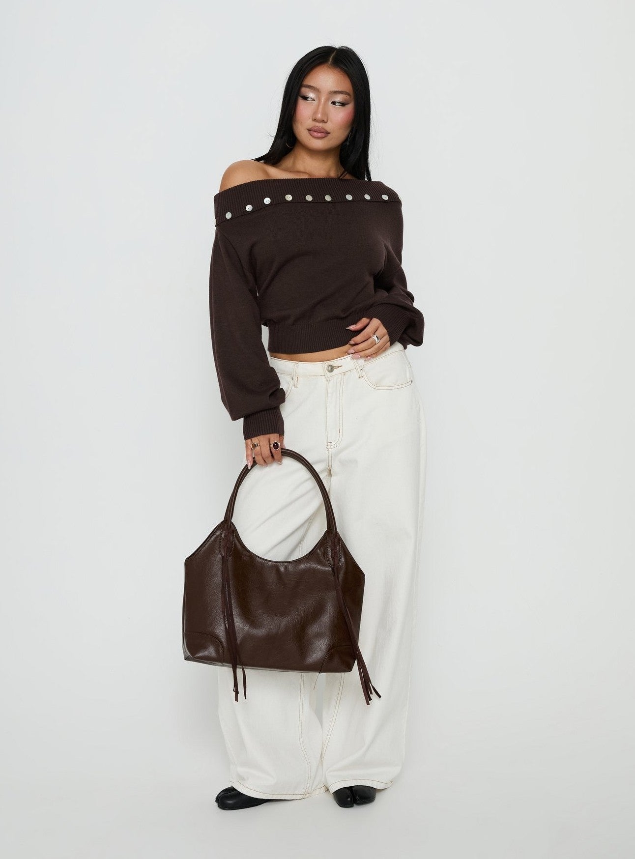 Off Shoulder Foldover Sweater Brown