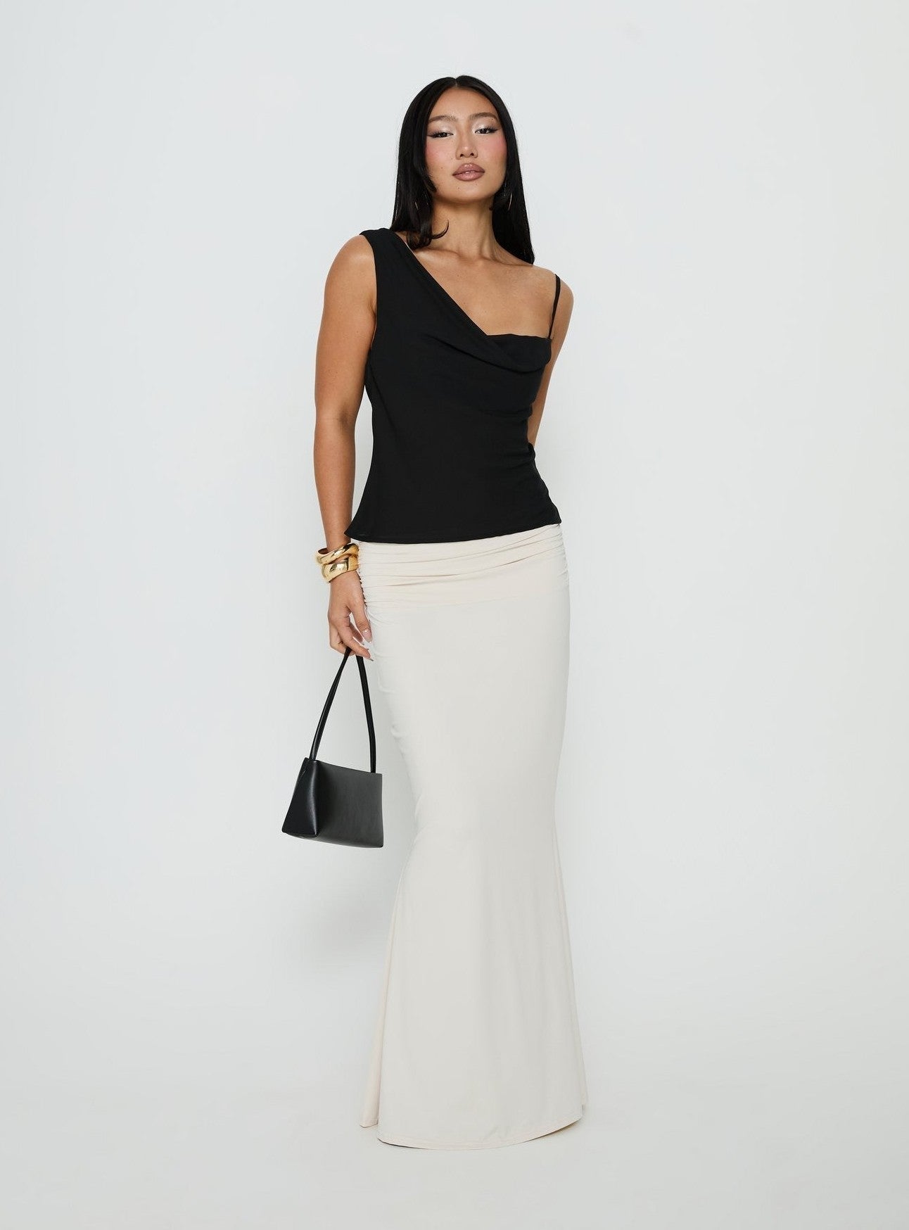 Foldover Waist Maxi Skirt Cream