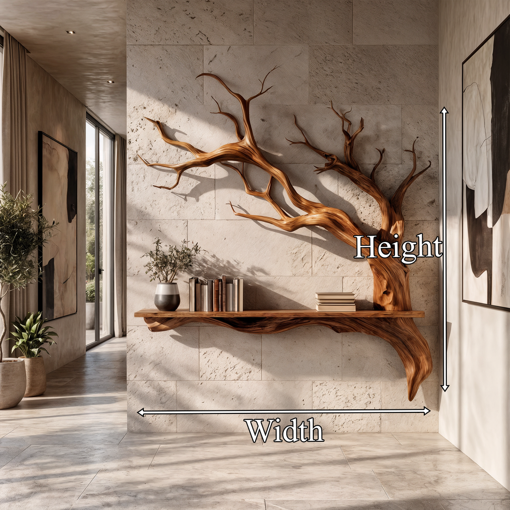 Tree Branch Wall Shelf, Rustic Solid Wood Floating Shelf with Branch