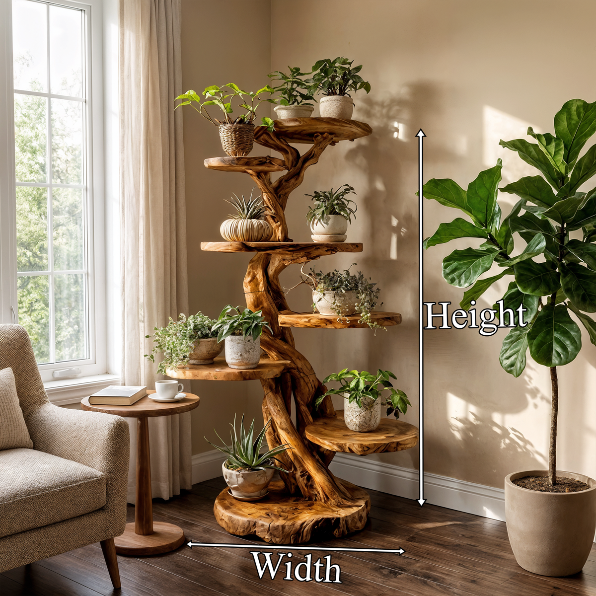 Rustic Tree Plant Shelf Solid Wood Branch Stand for Indoor Plants
