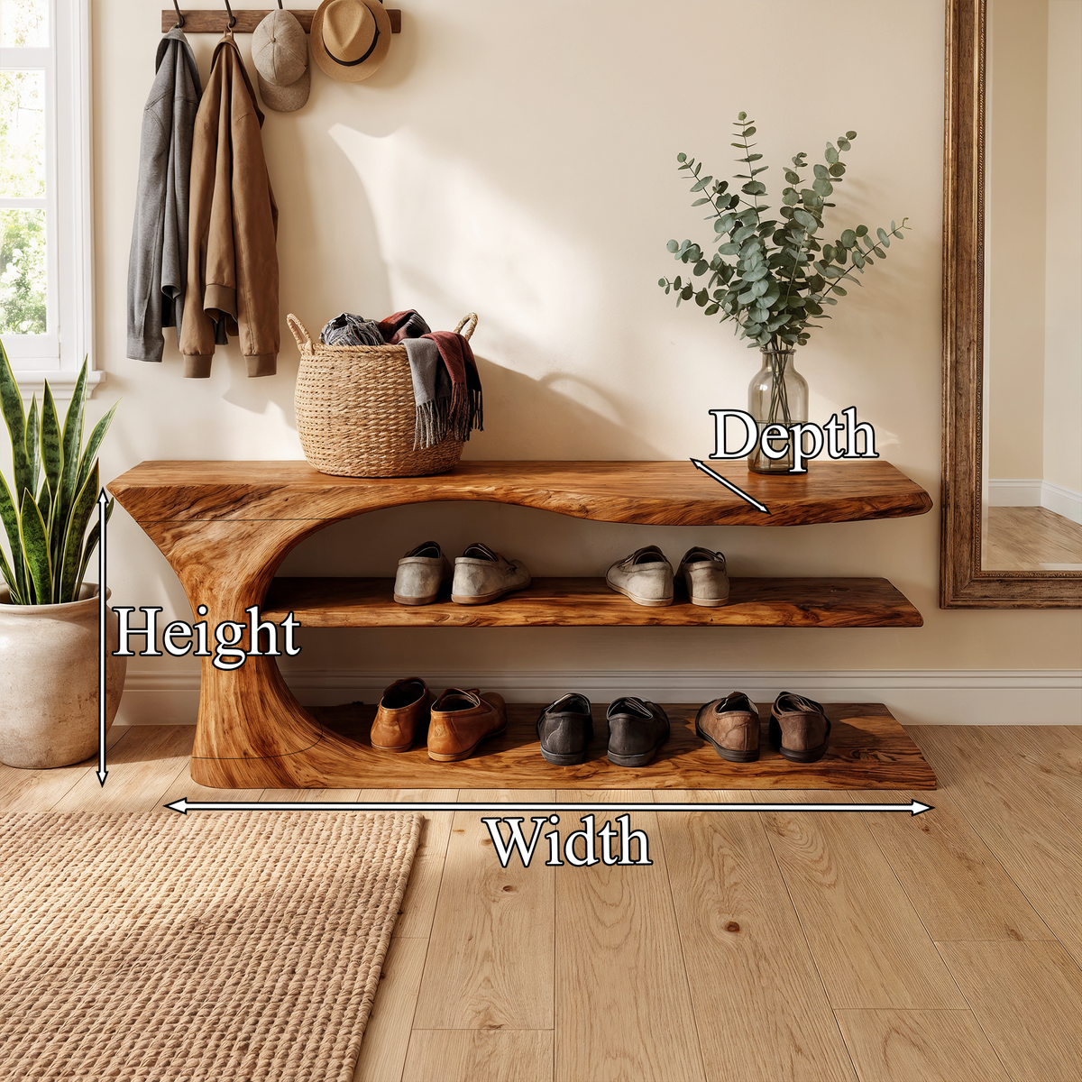 Shoe Storage Bench, Mid Century Handcrafted Solid Wood Entryway Seat