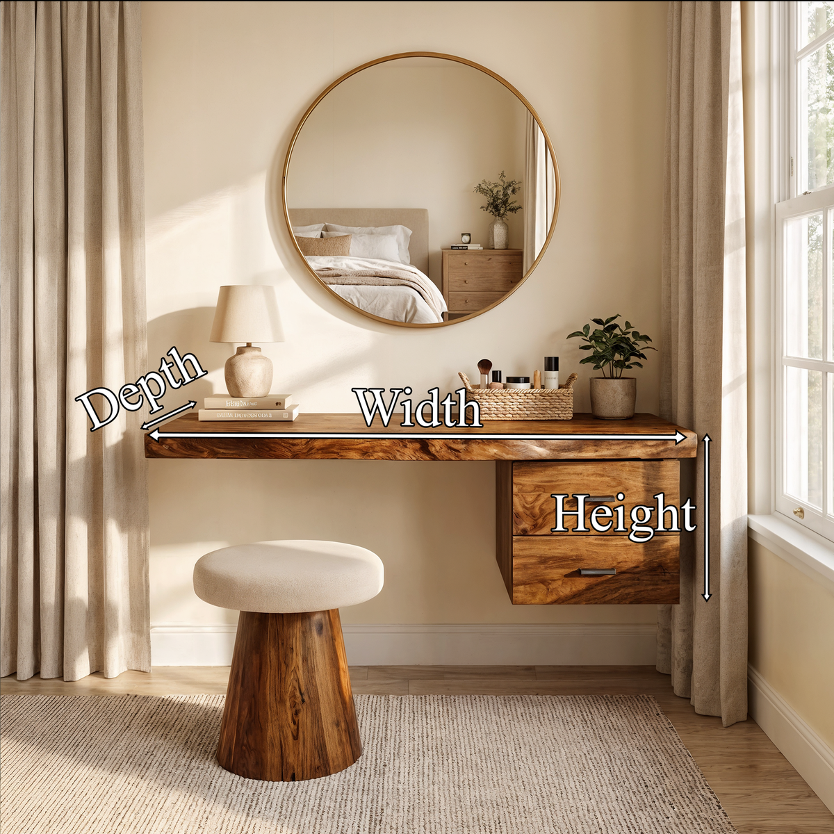 Floating Dressing Table with Drawer, Modern Organic Solid Wood Vanity