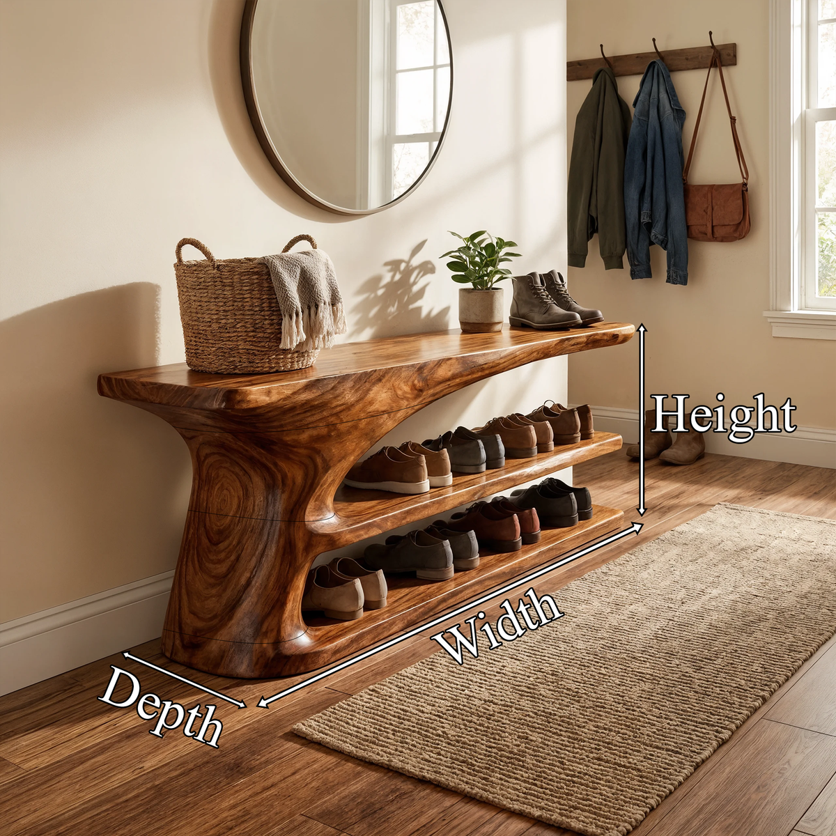 Hallway Shoe Bench, Mid Century Natural Wood Storage Bench