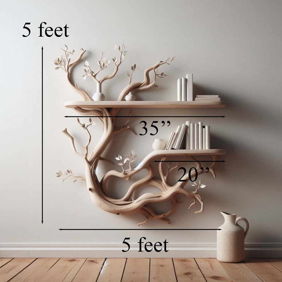 Tree Branch Floating Shelf, Driftwood Style Wall Bookshelf in Natural