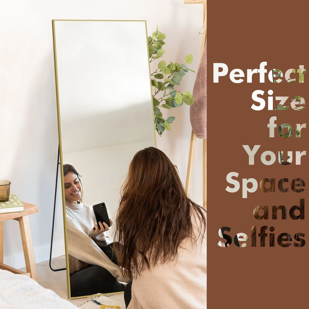 Full-Length Floor Mirror 64x21, Aluminum Alloy Frame With Stand And Wall Mount Option