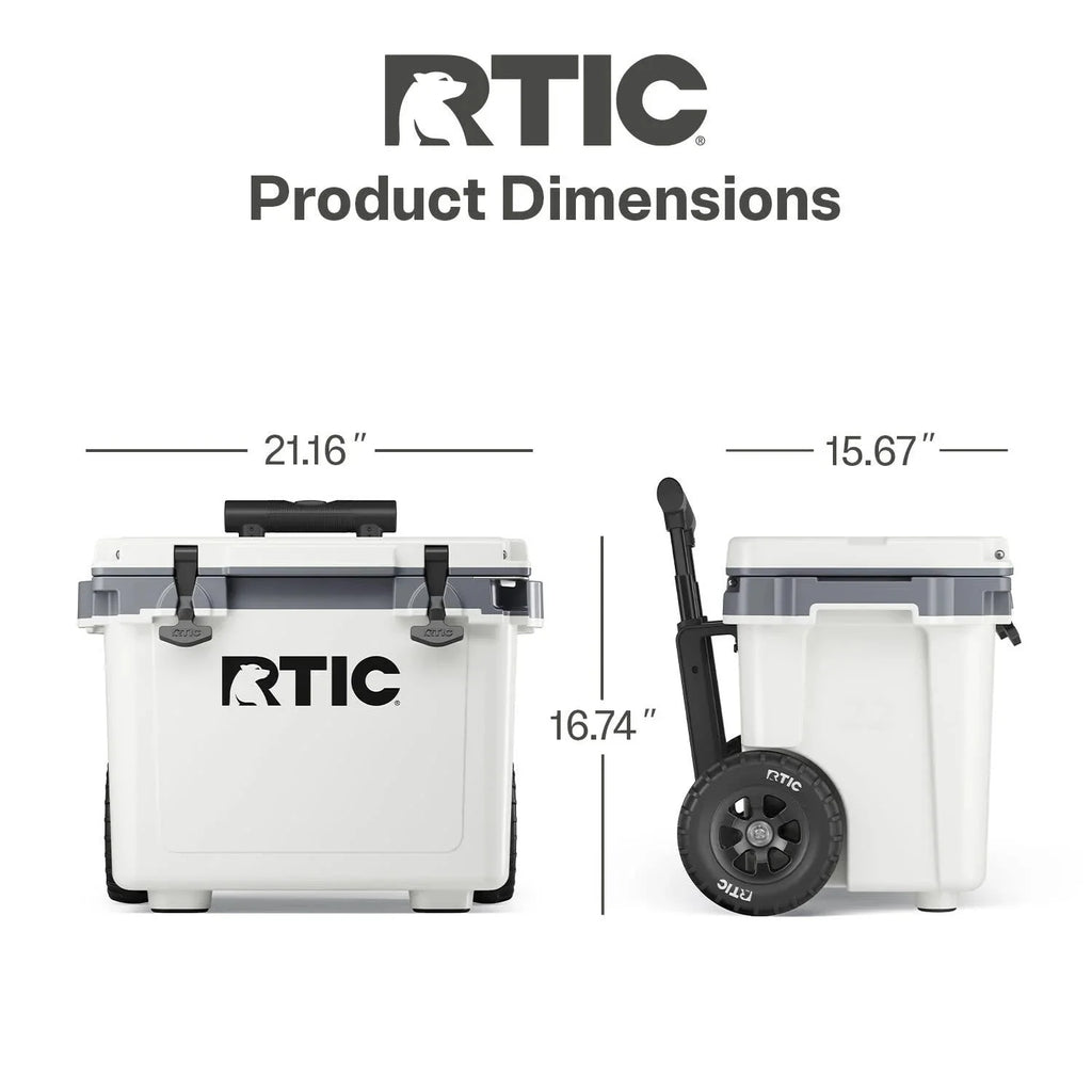 RTIC Ultra-Light Wheeled Hard-Sided Cooler, 22 QT, Fits 28 Cans or 6 Wine Bottles, White & Grey