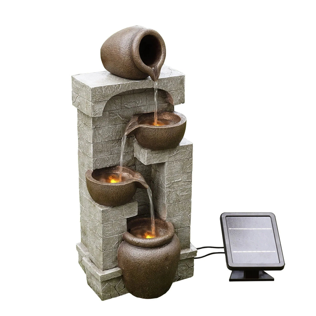 Teamson Home Solar Powered 4-Tier Cascading Bowls Garden Water Fountain With LED Lights, Brown, 28.5 in