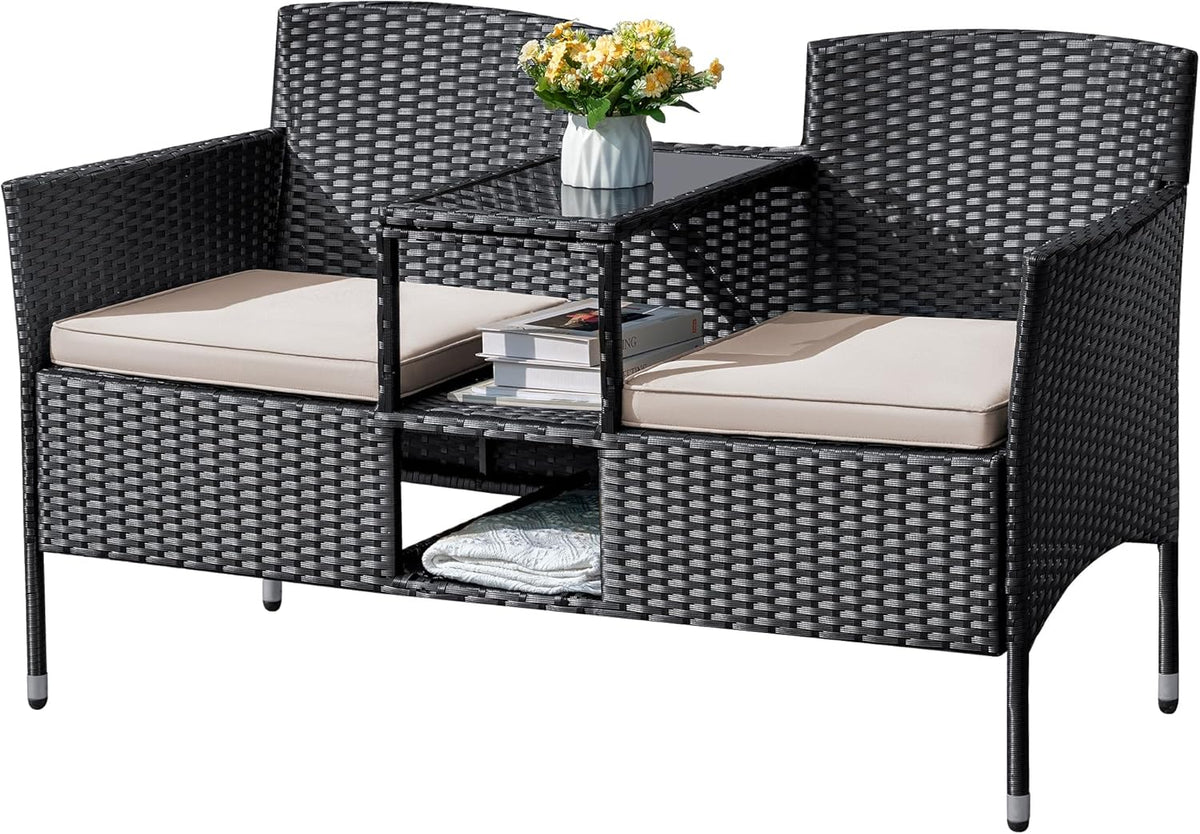 Flamaker Outdoor Wicker Patio Loveseat With Built-In Table And Cushions, Beige - 49.2 x 21.3 x 30.9 in