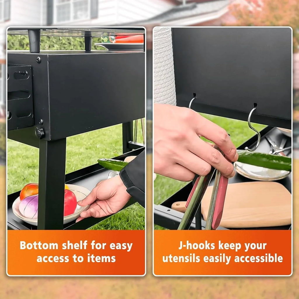 Foldable Outdoor Grill Cart Table, 31in x 17in, Black Carbon Steel