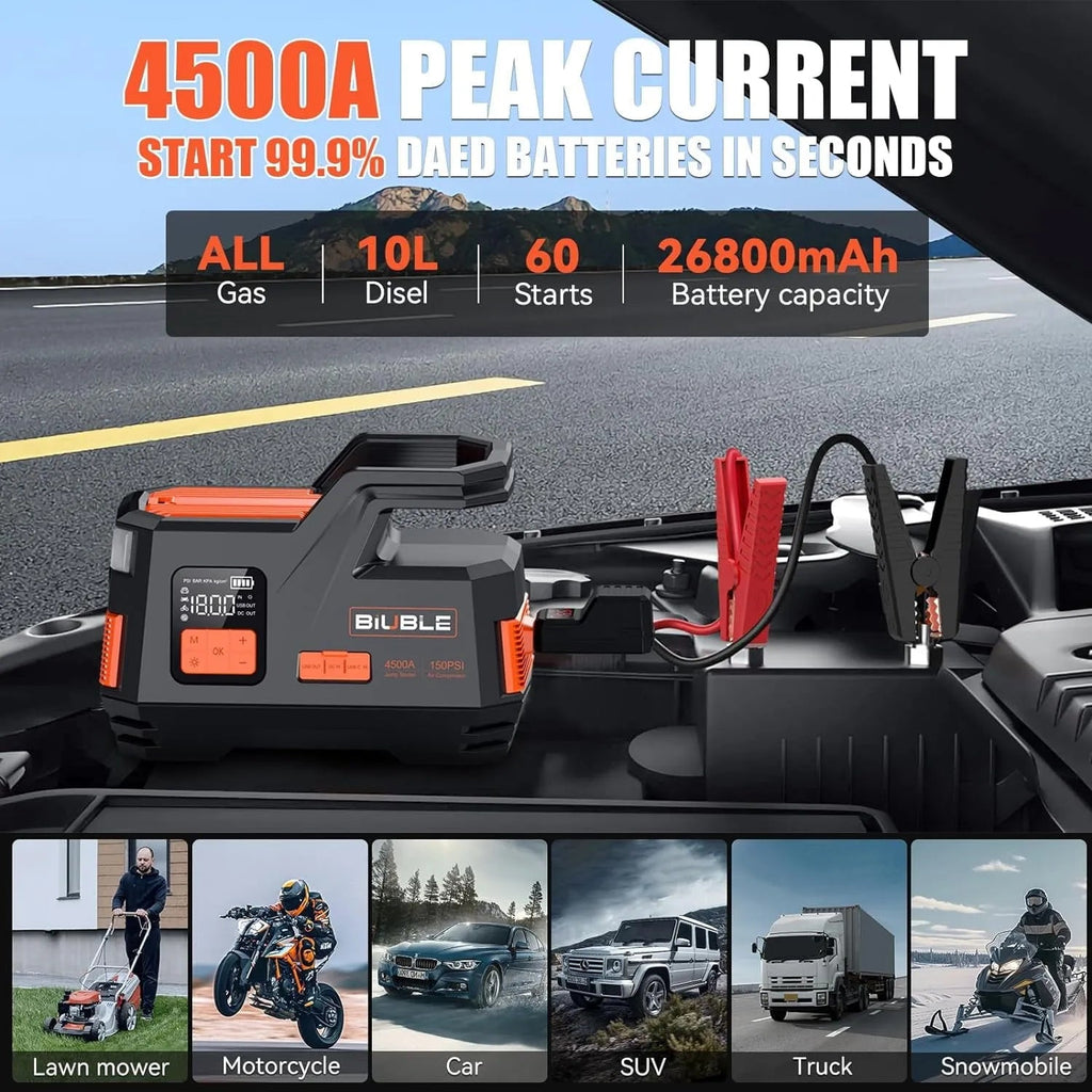 Biuble Car Jump Starter With Air Compressor, 4500A Peak, 26800mAh, 12V, 150PSI - JS006