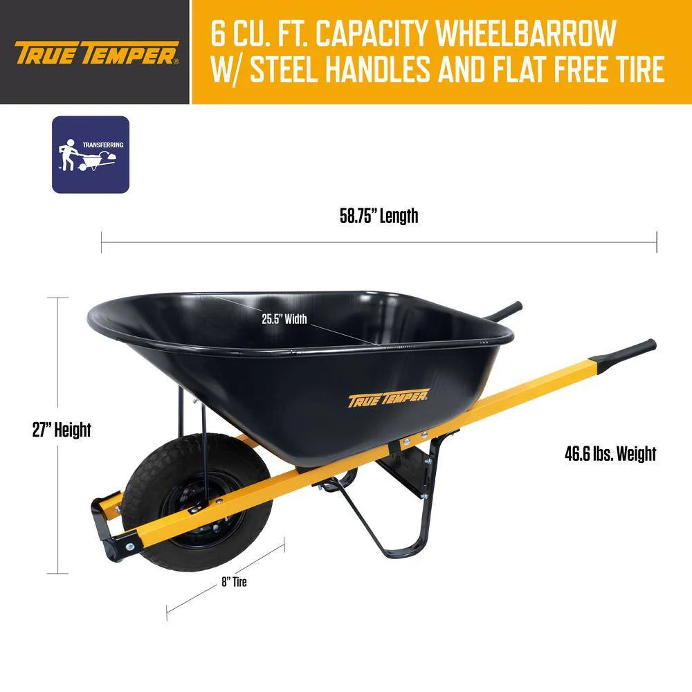 True Temper Steel Wheelbarrow 6 cu. ft. With Never Flat Tire And Steel Handles - R6STFFEC