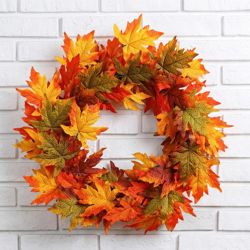 Thanksgiving LED Lighted Fall Maple Leaf Wreath And Garland, 24 in Wreath / 72 in Garland - 20 Clear Lights