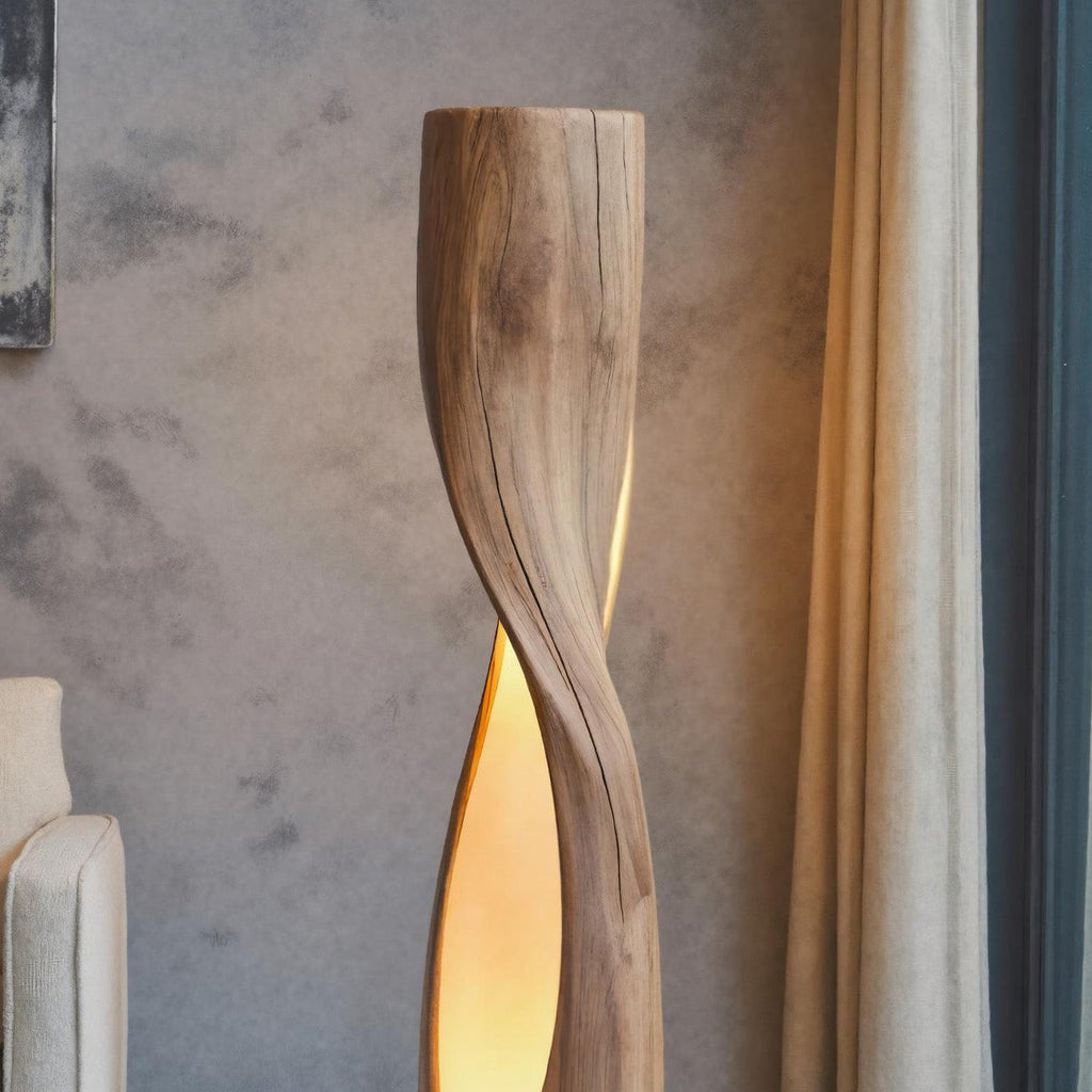 Twisted Floor Lamp, Sculptural Carved Wood Standing Lamp for Bedroom